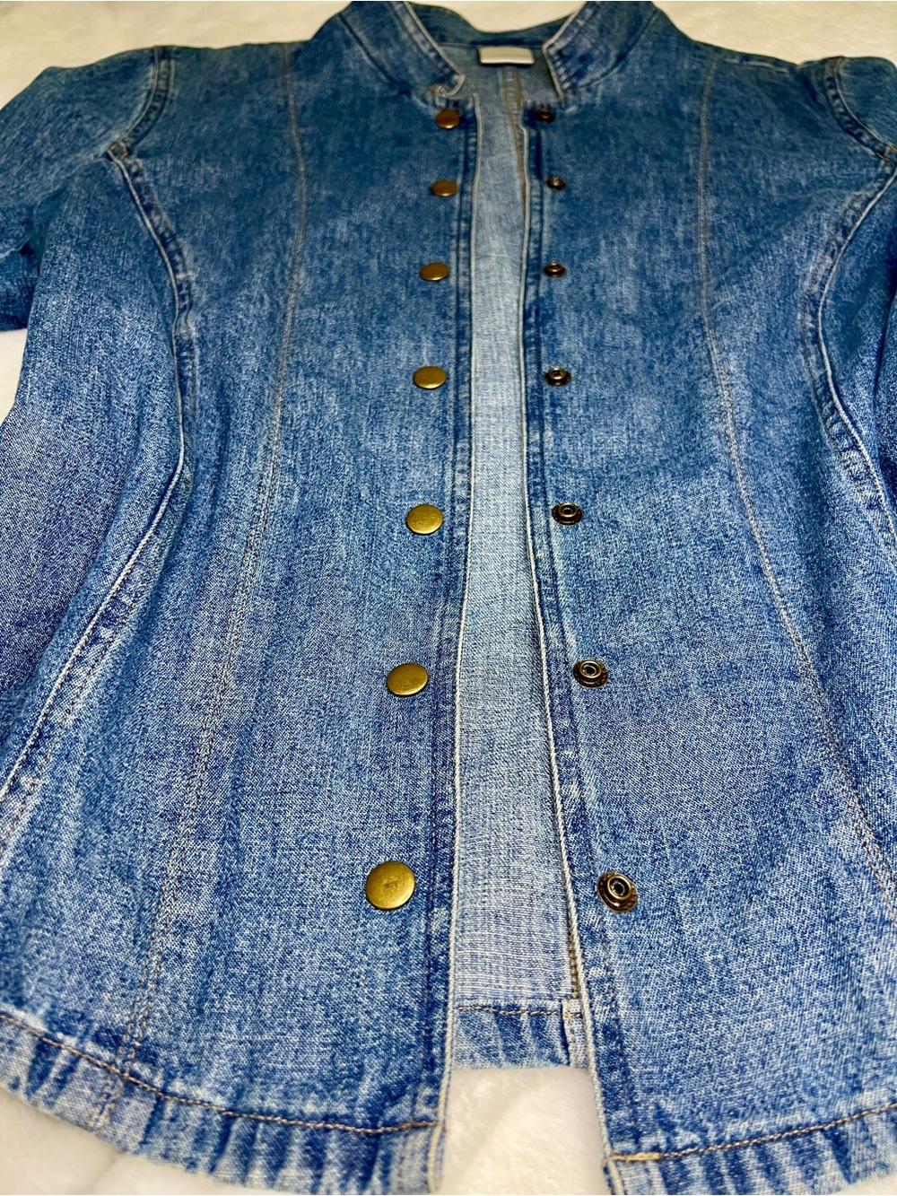 Vintage Military-Style Denim Blue Jean w/Gold Button Detail Snap-Front Jacket - Picture 3 of 9